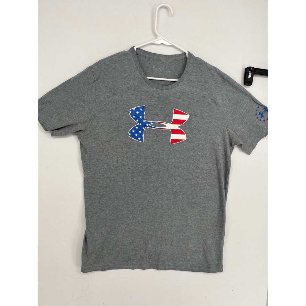 Under Armour T Shirt Mens Large Gray American Flag Logo HeatGear Short Sleeve